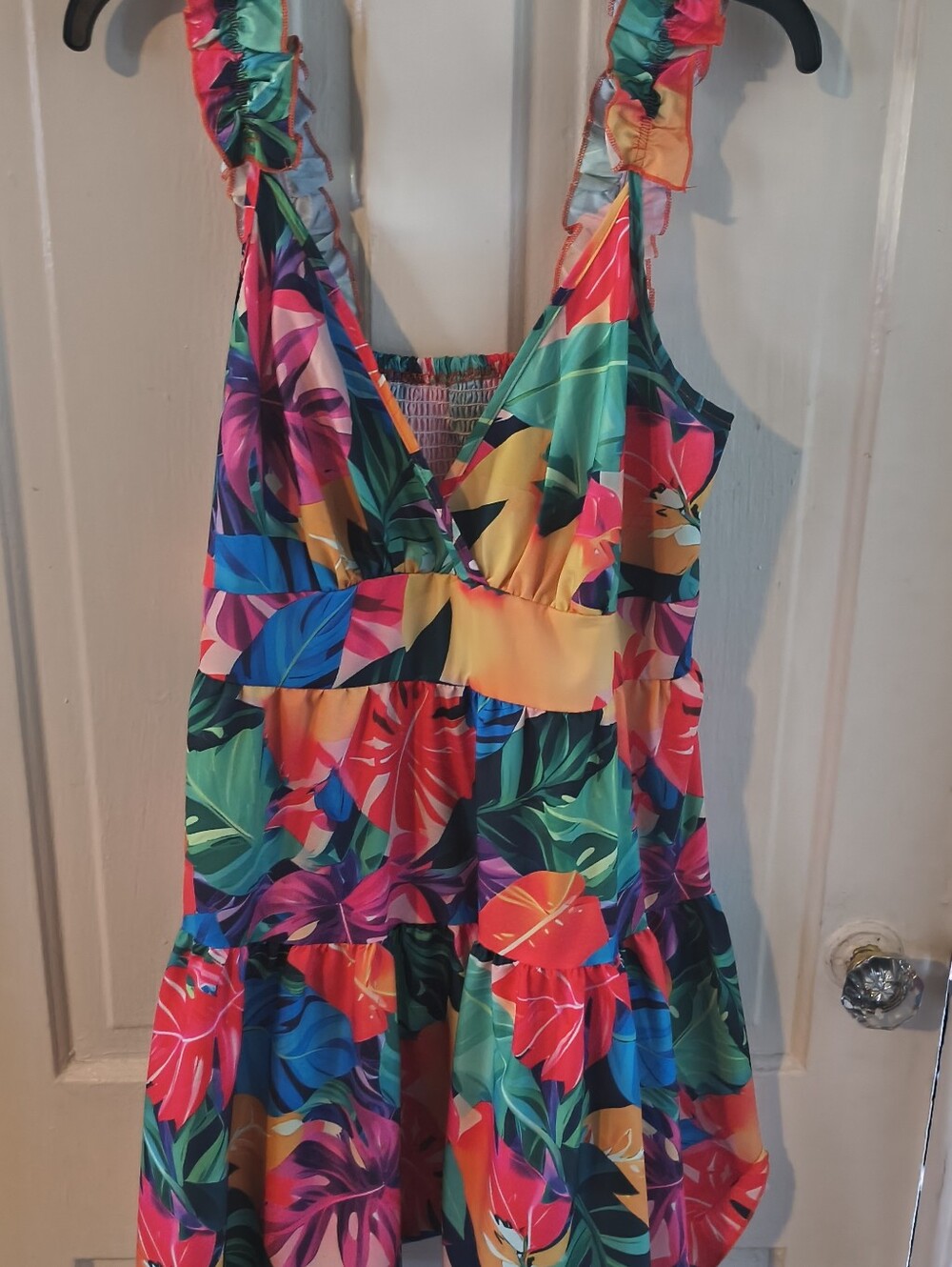 SHEIN Multicolor Tropical Ruffle Strap One-Piece Swim Dress